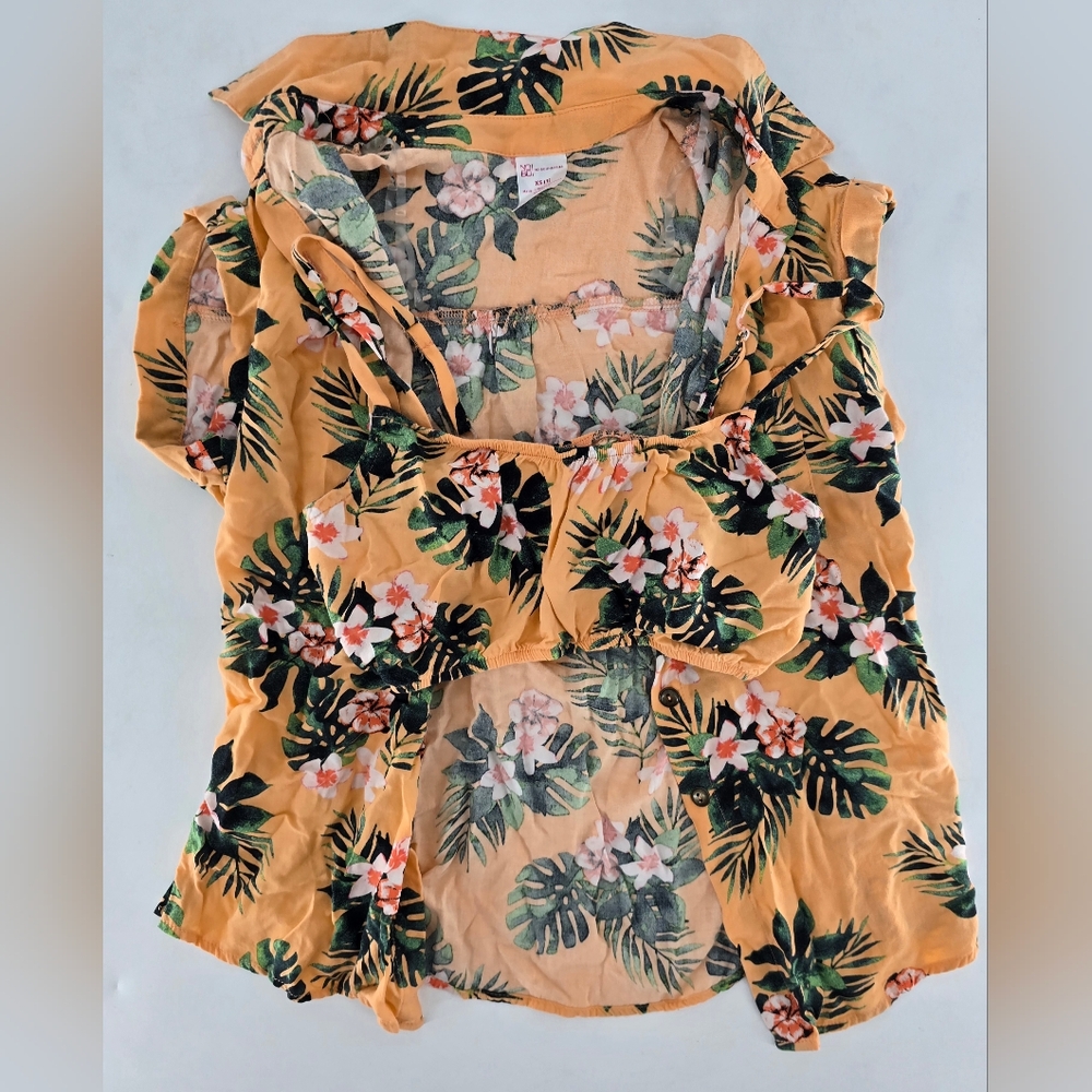 No Boundaries Tropical Floral Crop‎ Top - Mustard and Green